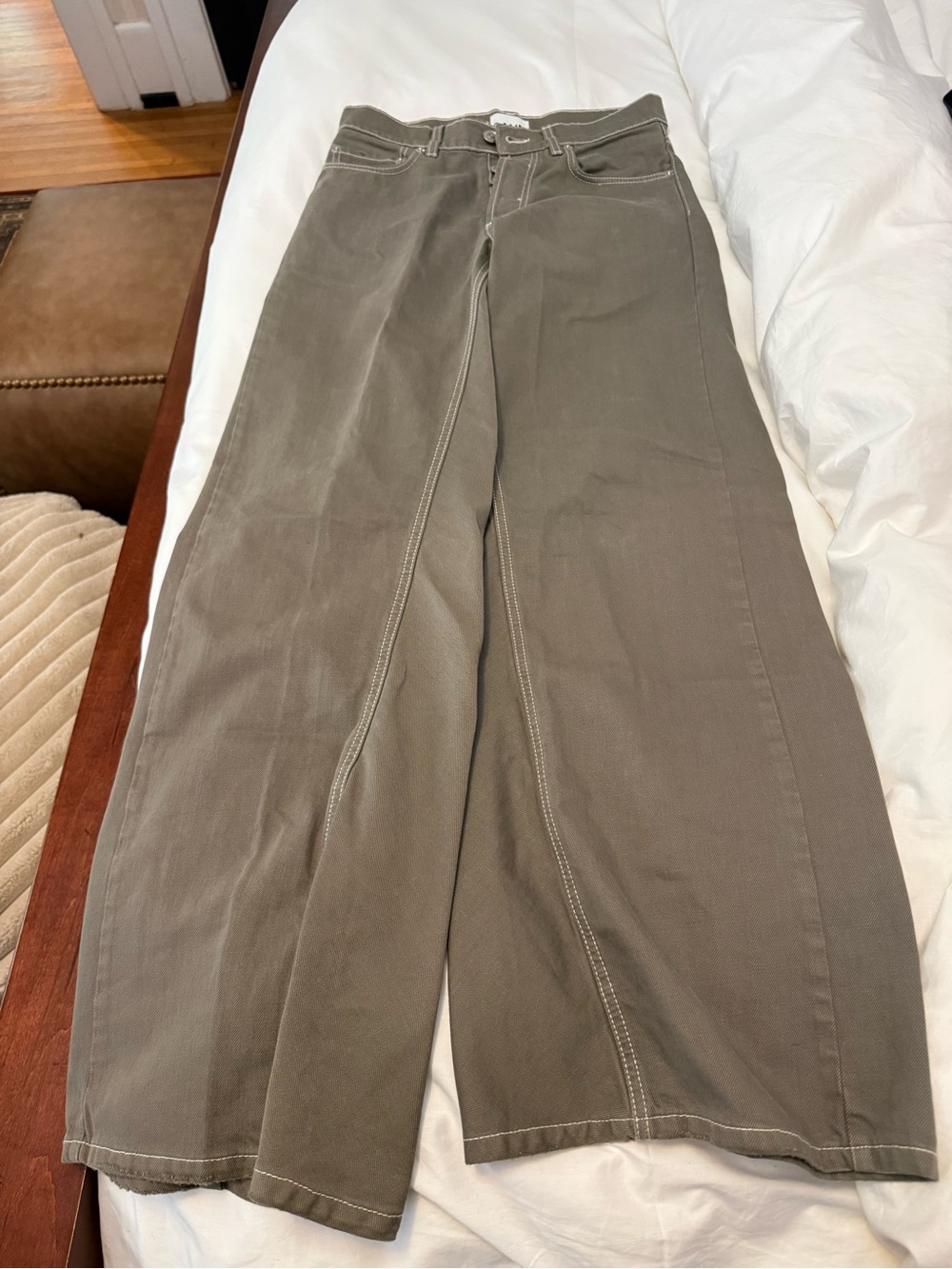 Wide Leg Olive Green Pants with Contrast Topstitching